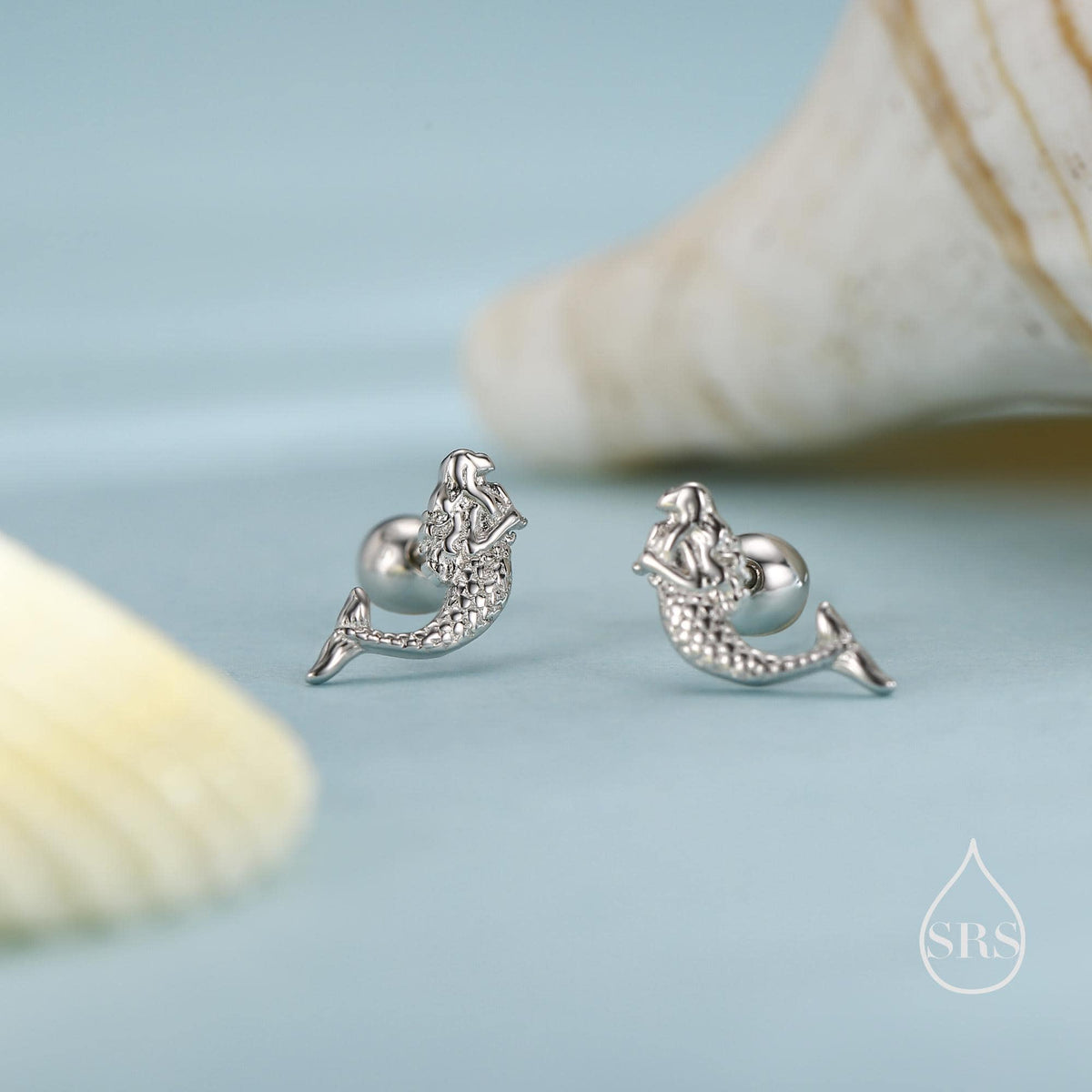 Tiny Mermaid Screw Back/ Flat Back / Stud Earrings in Sterling Silver, Silver or Gold or Rose Gold, Mermaid Fish Earrings, Fun and Dainty