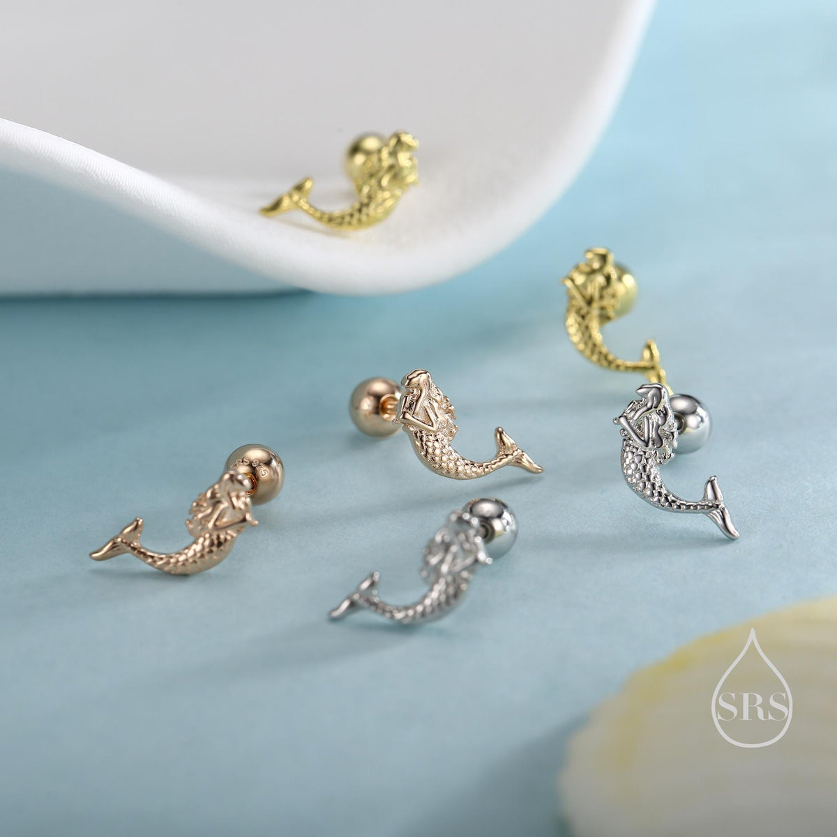 Tiny Mermaid Screw Back/ Flat Back / Stud Earrings in Sterling Silver, Silver or Gold or Rose Gold, Mermaid Fish Earrings, Fun and Dainty