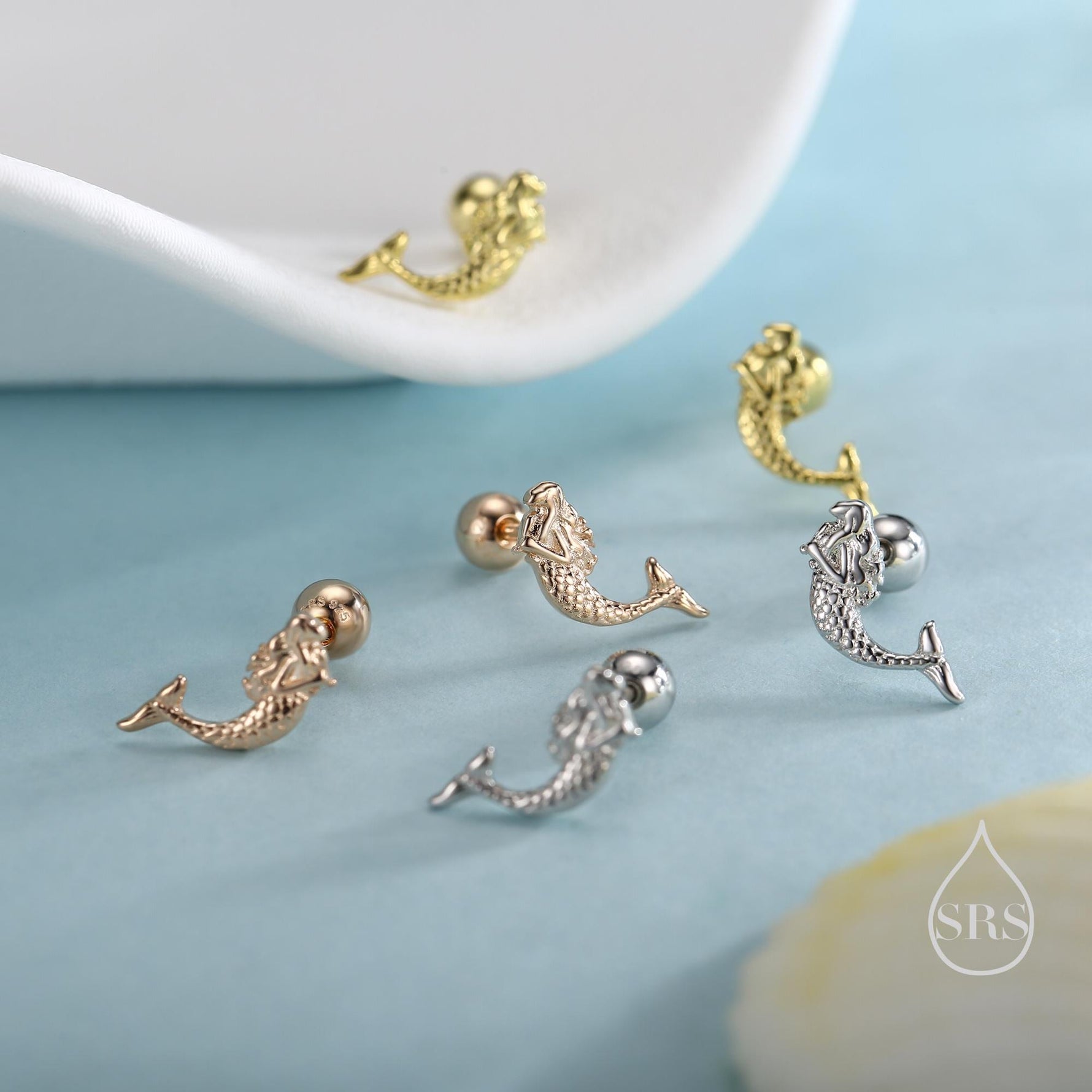 Tiny Mermaid Screw Back/ Flat Back / Stud Earrings in Sterling Silver, Silver or Gold or Rose Gold, Mermaid Fish Earrings, Fun and Dainty