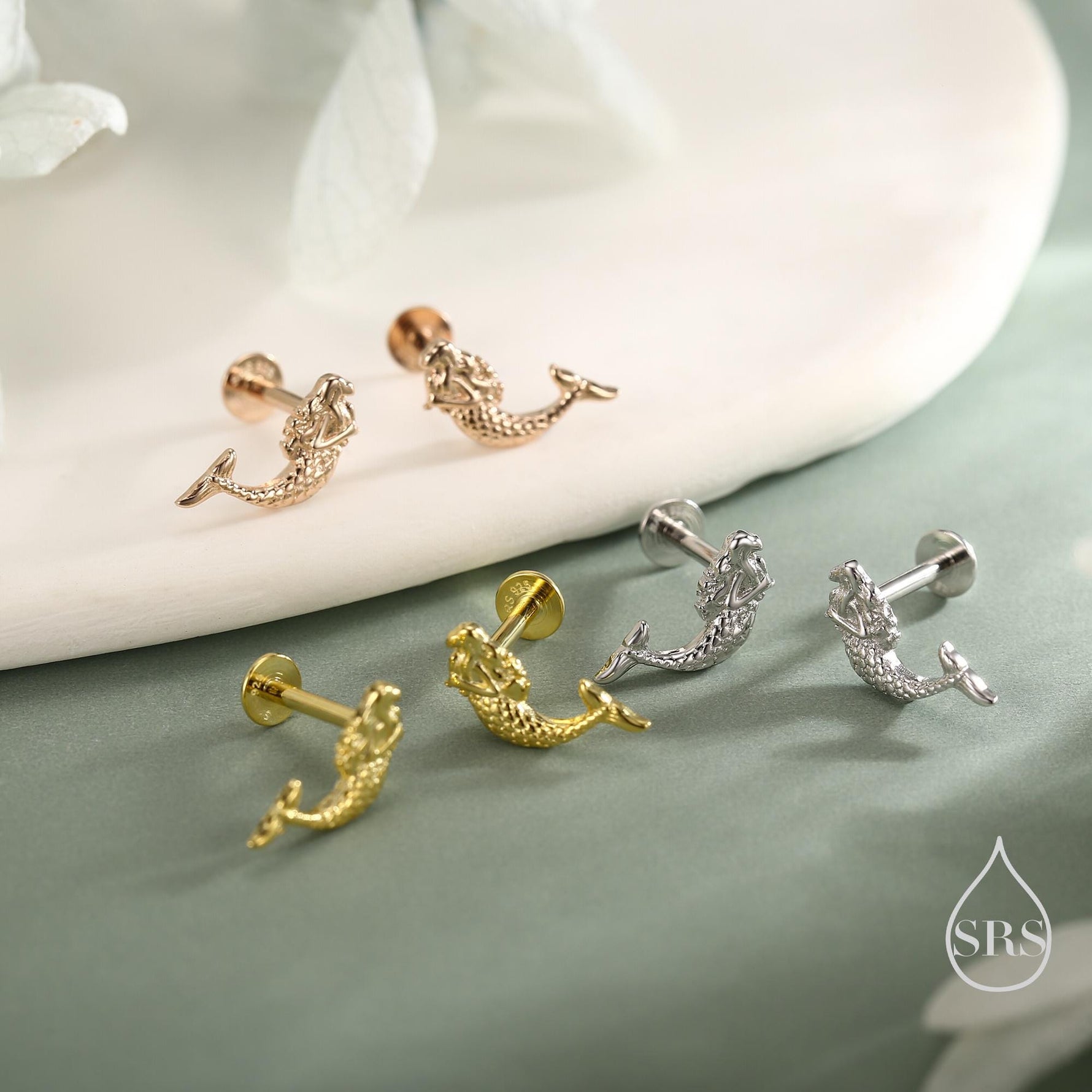 Tiny Mermaid Internally Threaded Flat Back / Screw Back / Stud Earrings in Sterling Silver, Silver, Gold or Rose Gold, Mermaid Fish Earrings
