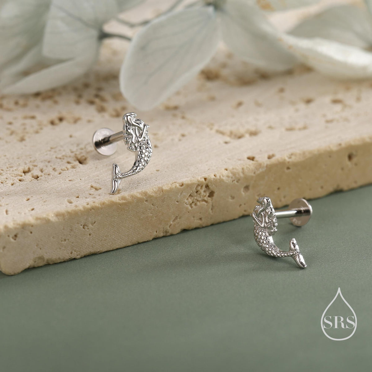 Tiny Mermaid Internally Threaded Flat Back / Screw Back / Stud Earrings in Sterling Silver, Silver, Gold or Rose Gold, Mermaid Fish Earrings