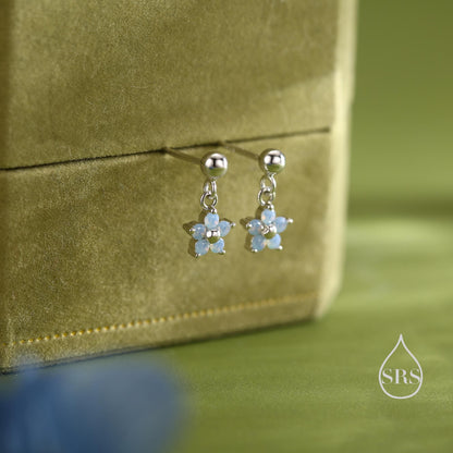 Sterling Silver Dainty CZ Flower Drop Stud Earrings, Opal Blue Dainty Dangle Daisy Flower Earrings, Silver Forget Me Not Tiny Earrings