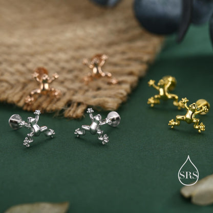 Tiny Frog Internally Threaded Flat Back / Screw Back / Stud Earrings in Sterling Silver, Tree Frog Earrings, Silver or Gold or Rose Gold