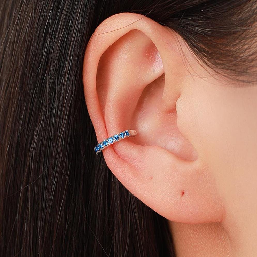 Sapphire Blue CZ Ear Cuff in Sterling Silver, Silver or Gold, Simple Piercing Free Earrings, Minimalist Ear Cuff, Blue CZ Ear Cuff