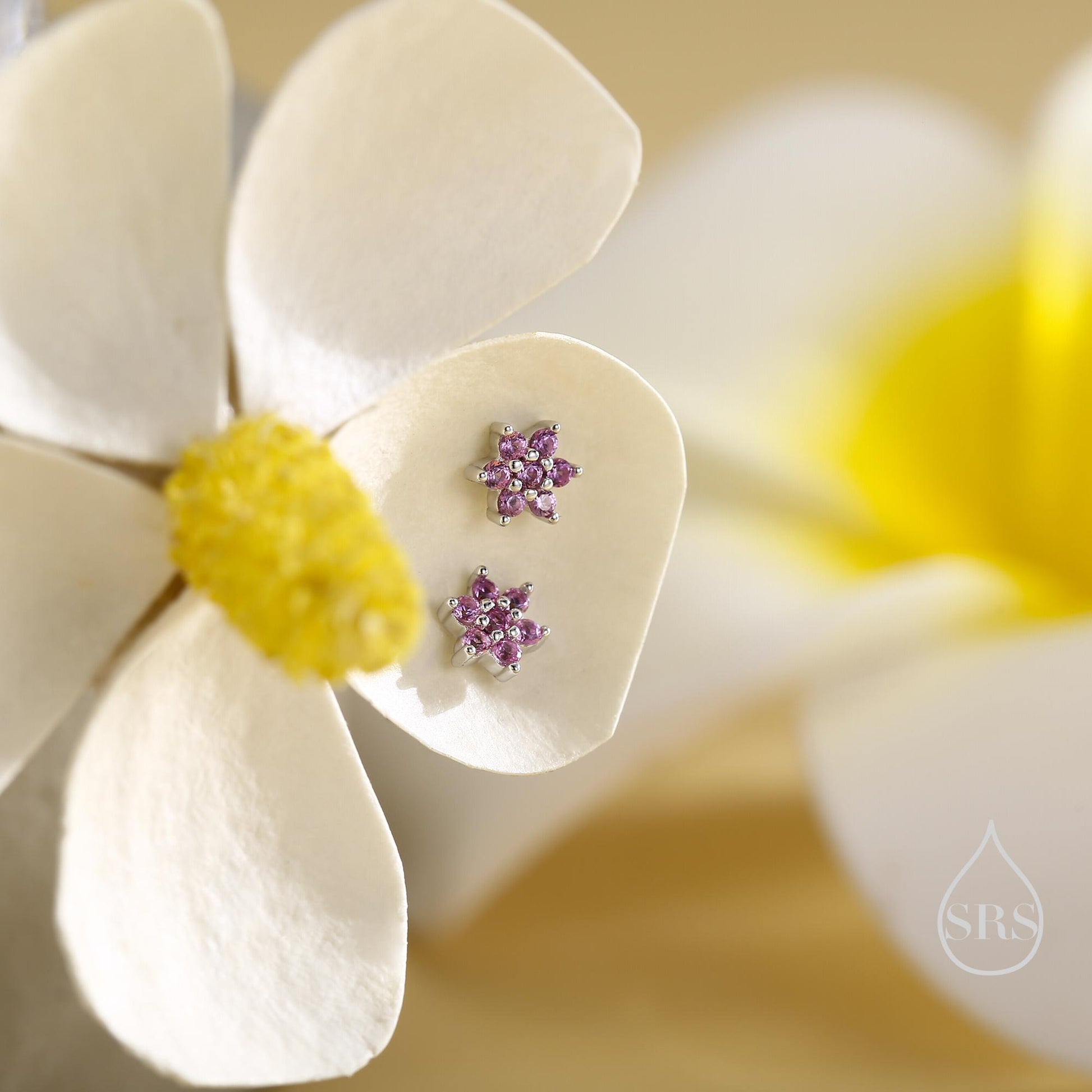 Pair of Very Tiny Ruby Pink CZ Flower Stud Earrings in Sterling Silver, Silver or Gold, Crystal Flower Earrings, Stacking Earrings, Ruby Red