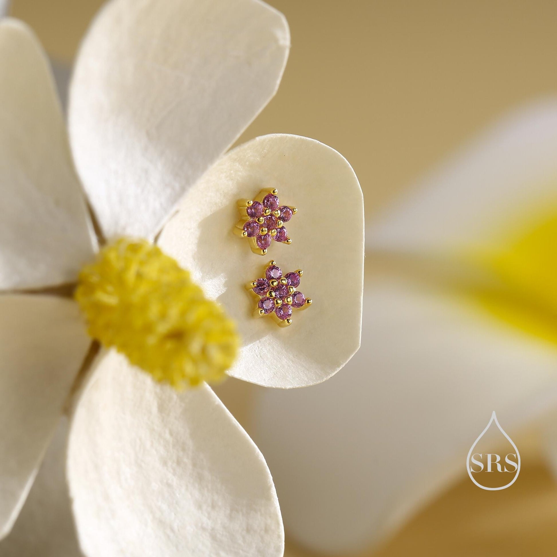 Pair of Very Tiny Ruby Pink CZ Flower Stud Earrings in Sterling Silver, Silver or Gold, Crystal Flower Earrings, Stacking Earrings, Ruby Red