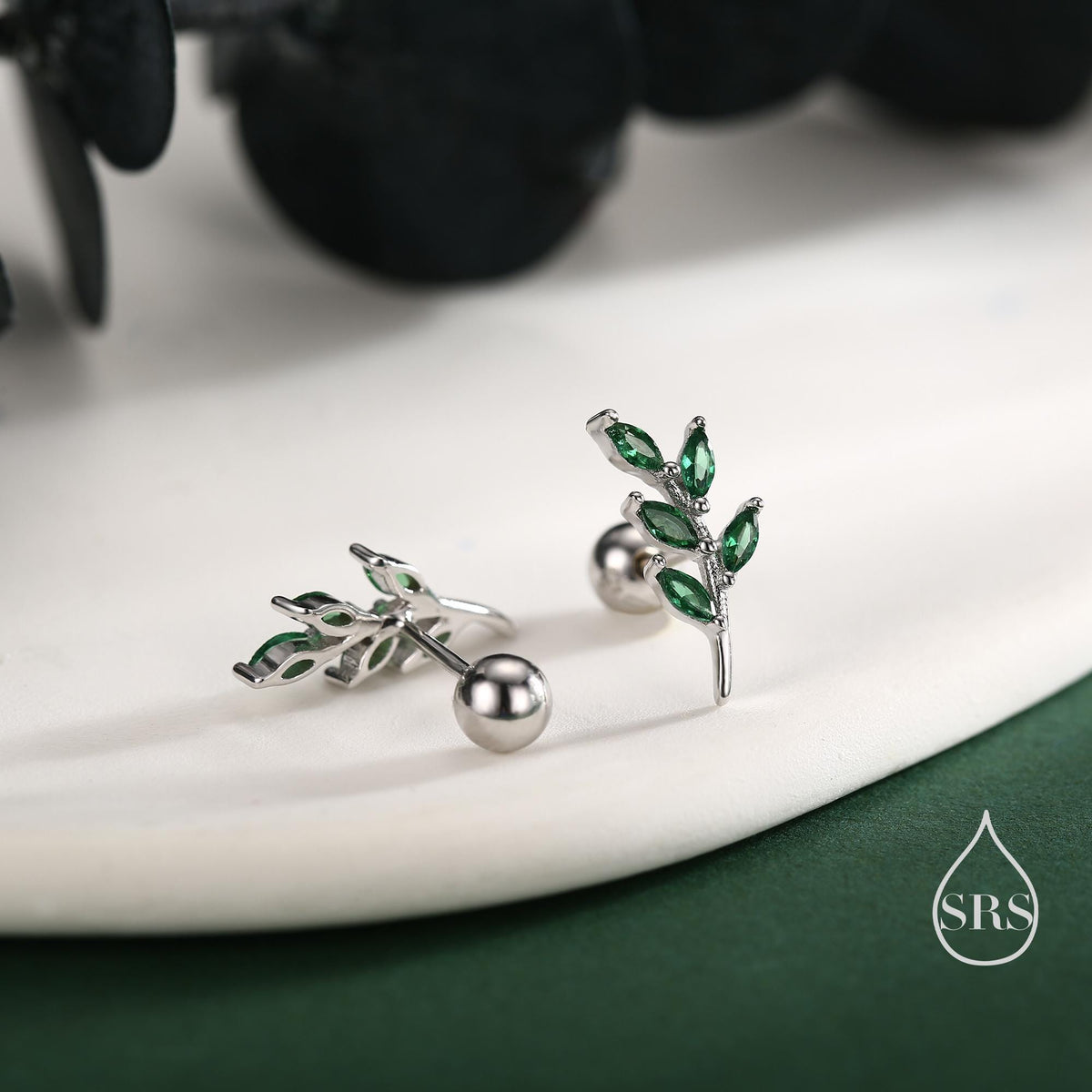 Emerald Green Leaf 18G Screw Back Earrings in Sterling Silver