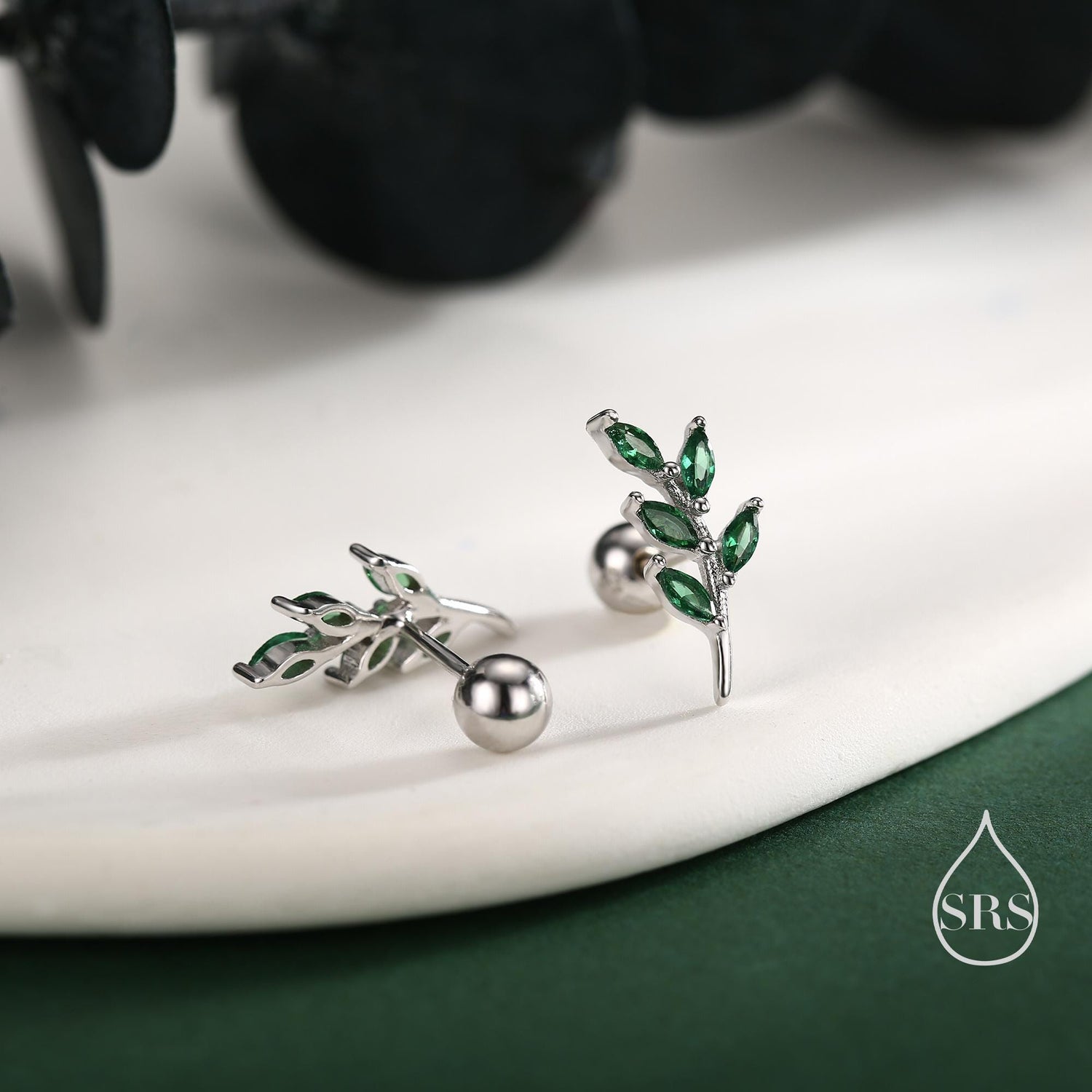 Emerald Green Leaf 18G Screw Back Earrings in Sterling Silver