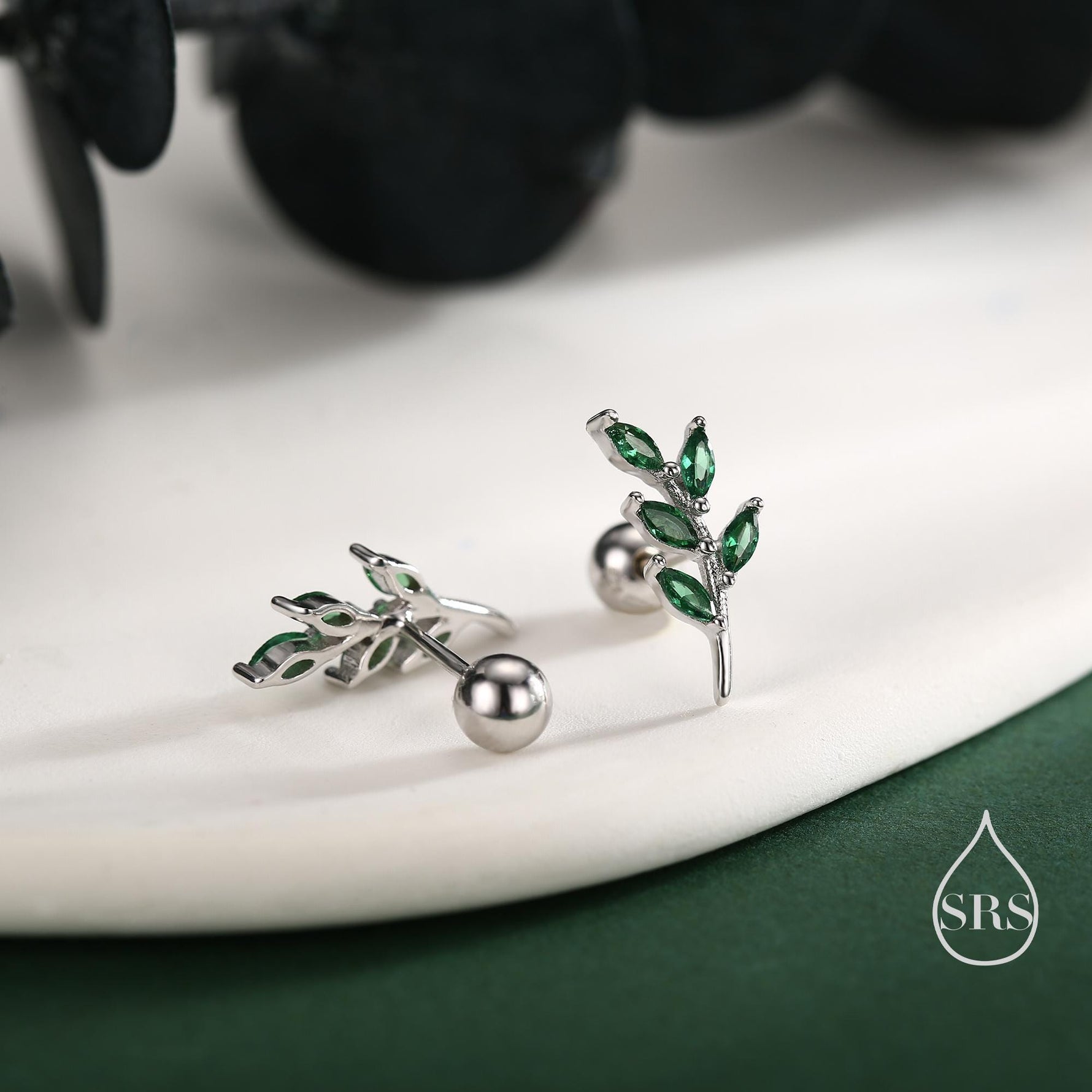Emerald Green Leaf 18G Screw Back Earrings in Sterling Silver
