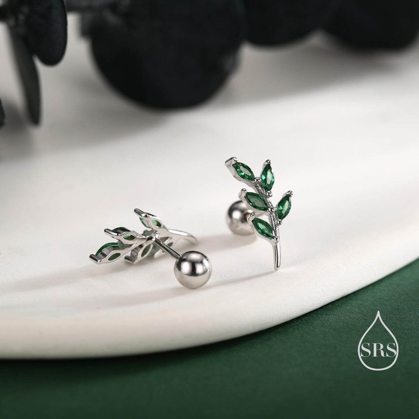 Emerald Green Leaf Internally Threaded Flat Back / Screw Back / Stud Earrings in Sterling Silver, Silver or Gold, Olive Leaf Branch Earrings