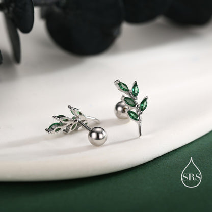 Emerald Green Leaf Internally Threaded Flat Back / Screw Back / Stud Earrings in Sterling Silver, Silver or Gold, Olive Leaf Branch Earrings