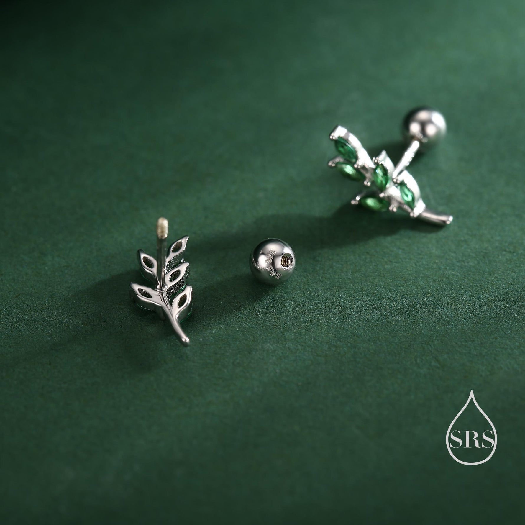 Emerald Green Leaf 18G Screw Back Earrings in Sterling Silver