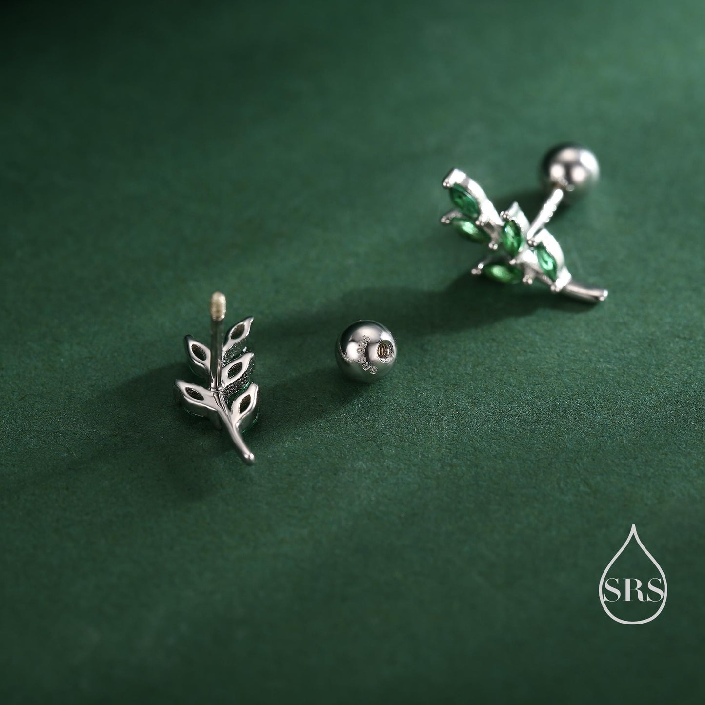 Emerald Green Leaf Internally Threaded Flat Back / Screw Back / Stud Earrings in Sterling Silver, Silver or Gold, Olive Leaf Branch Earrings