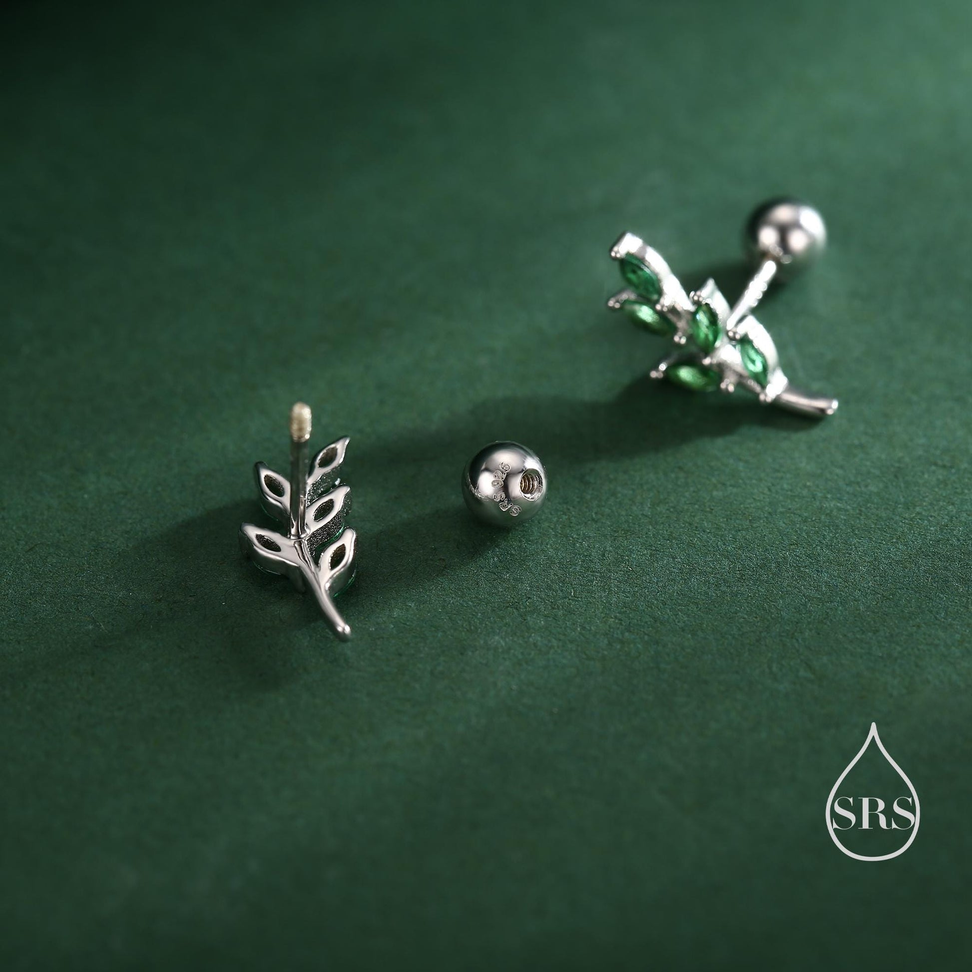 Emerald Green Leaf Internally Threaded Flat Back / Screw Back / Stud Earrings in Sterling Silver, Silver or Gold, Olive Leaf Branch Earrings