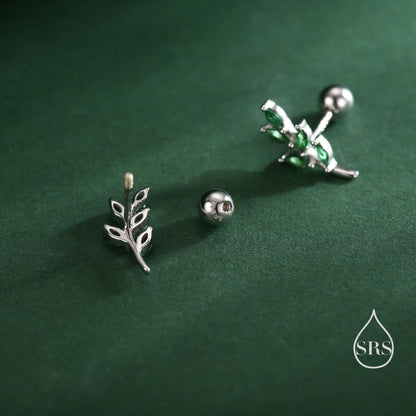 Emerald Green Leaf Internally Threaded Flat Back / Screw Back / Stud Earrings in Sterling Silver, Silver or Gold, Olive Leaf Branch Earrings