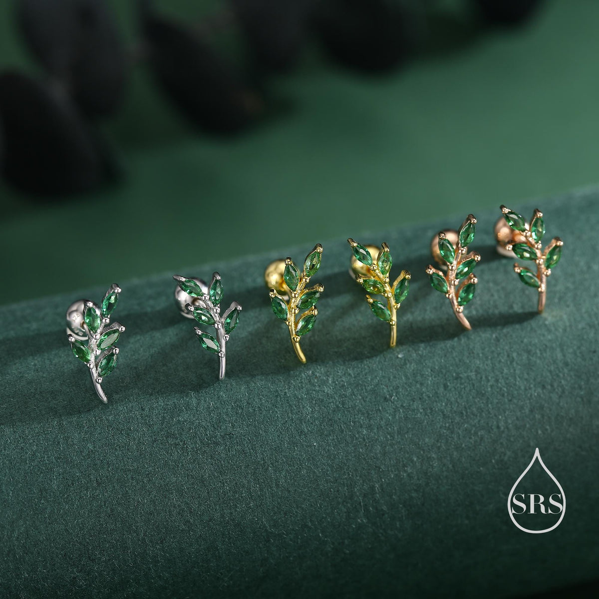 Emerald Green Leaf 18G Screw Back Earrings in Sterling Silver