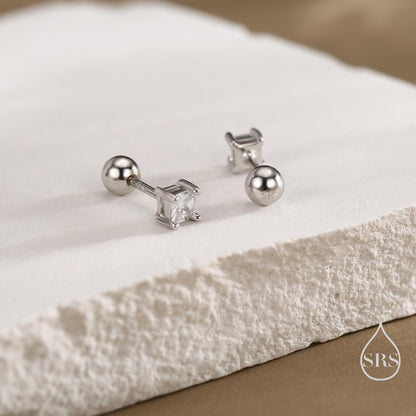 Tiny Square CZ Internally Threaded Flat Back / Screw Back / Stud Earrings in Sterling Silver, Silver or Gold or Rose Gold, Piercing