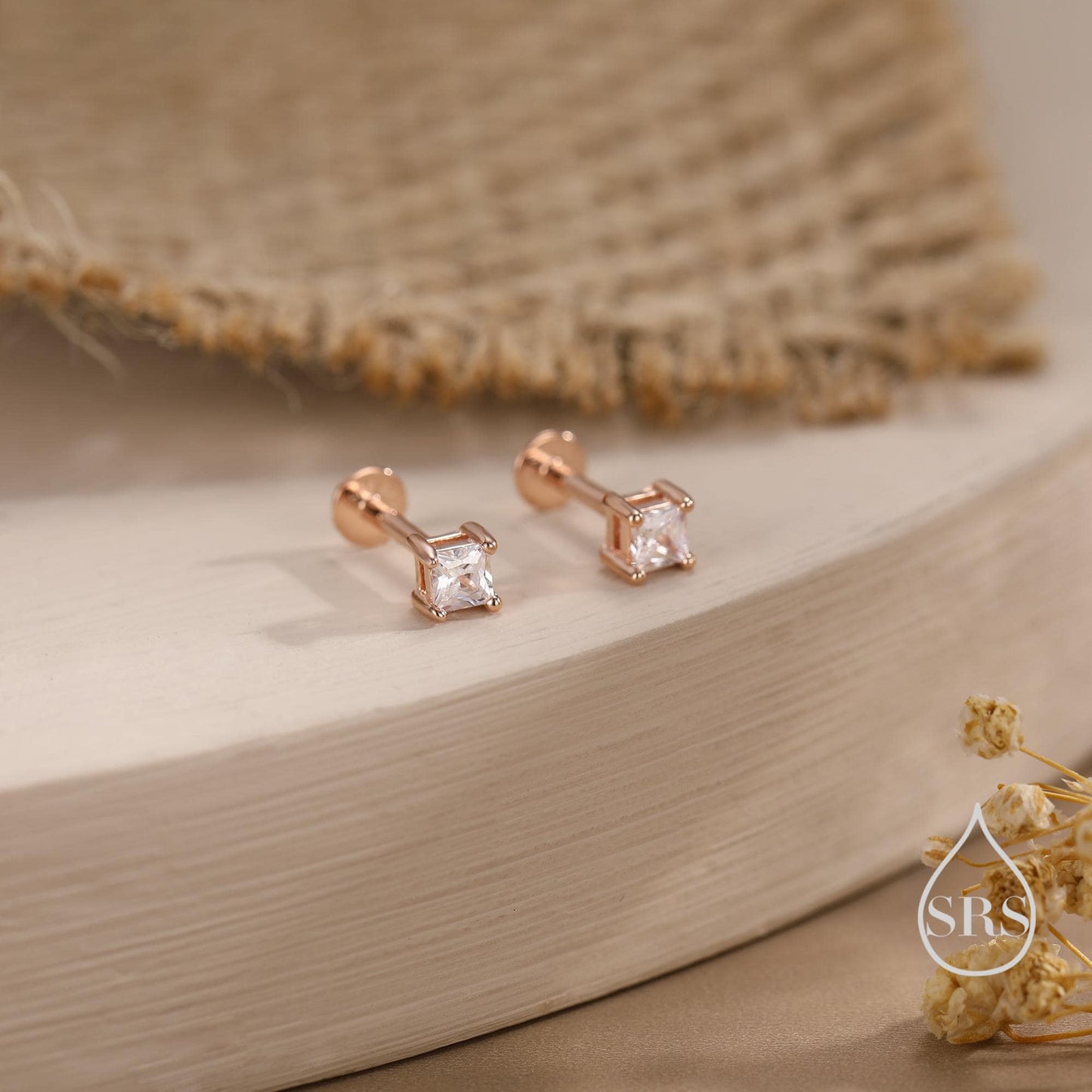 Tiny Square CZ Internally Threaded Flat Back / Screw Back / Stud Earrings in Sterling Silver, Silver or Gold or Rose Gold, Piercing