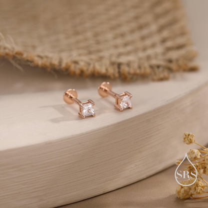 Tiny Square CZ Internally Threaded Flat Back / Screw Back / Stud Earrings in Sterling Silver, Silver or Gold or Rose Gold, Piercing