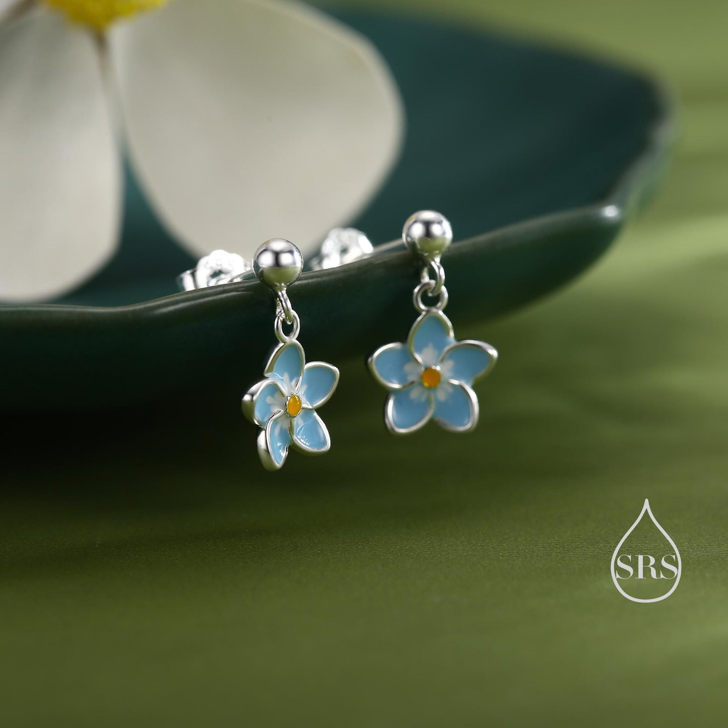 Dainty Forget-me-not Enamel Drop Stud Earrings in Sterling Silver, Flower Earrings, Blue Blossom Earrings, Forget me not earrings
