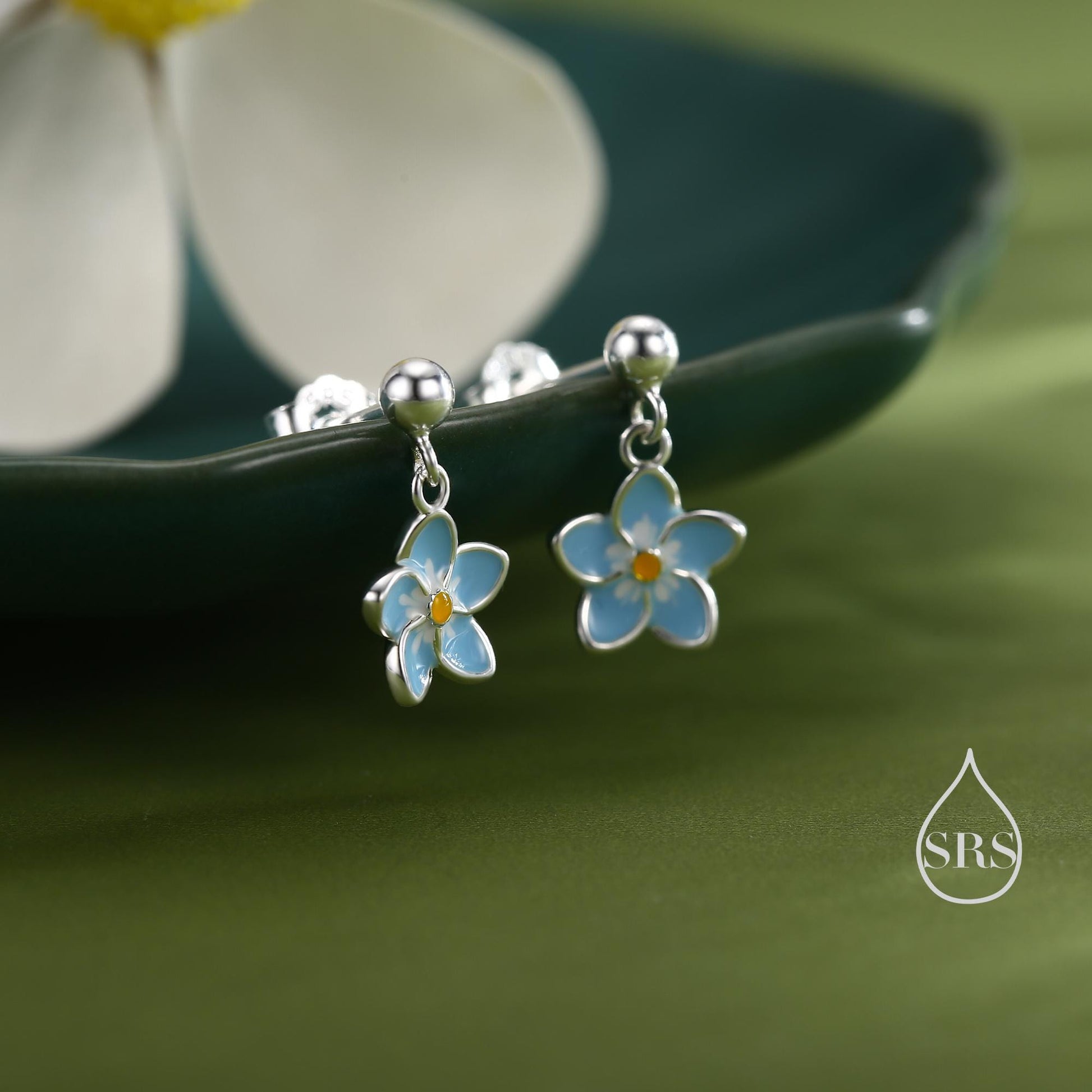 Dainty Forget-me-not Enamel Drop Stud Earrings in Sterling Silver, Flower Earrings, Blue Blossom Earrings, Forget me not earrings