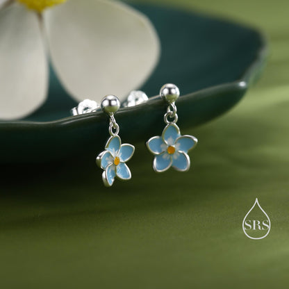 Dainty Forget-me-not Enamel Drop Stud Earrings in Sterling Silver, Flower Earrings, Blue Blossom Earrings, Forget me not earrings