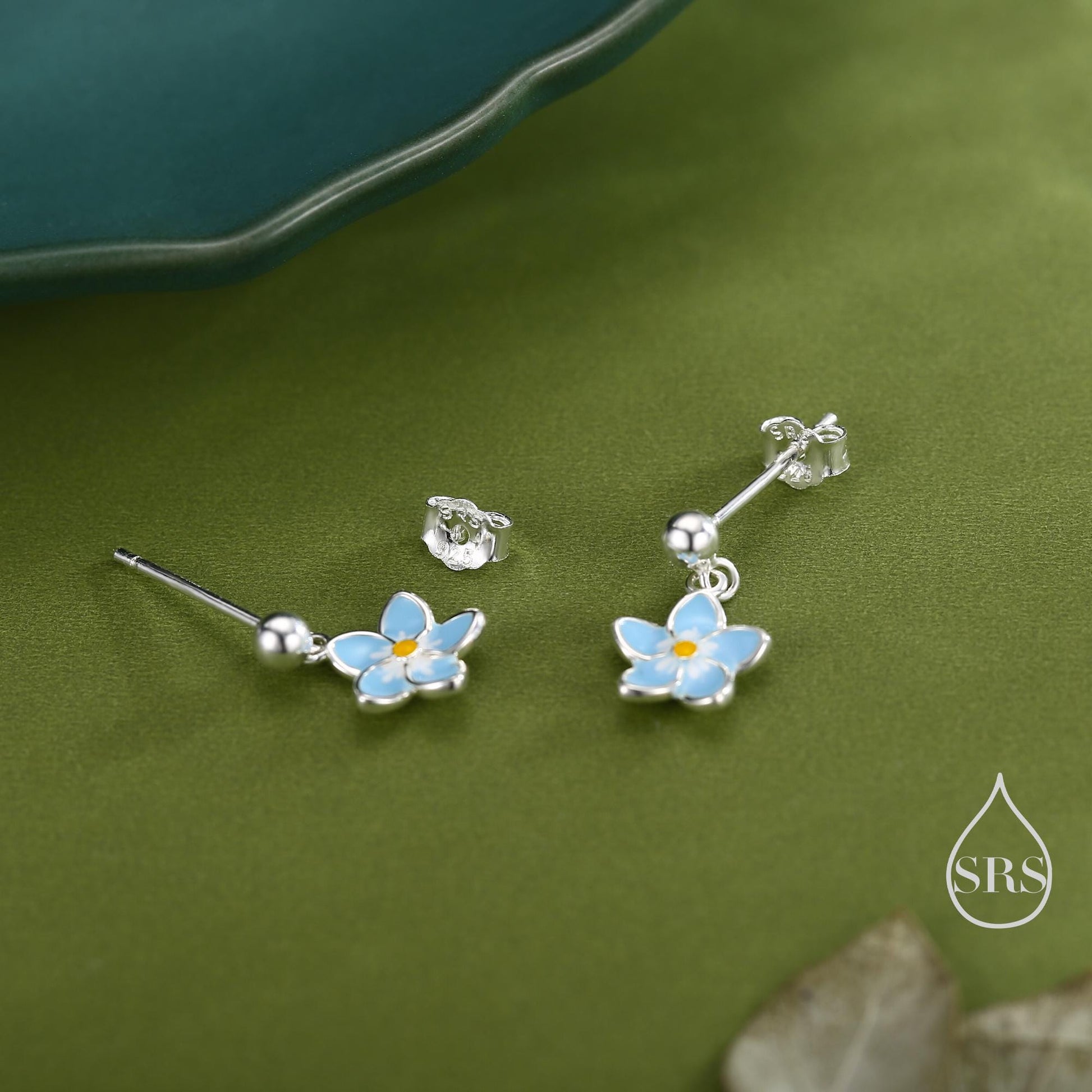 Dainty Forget-me-not Enamel Drop Stud Earrings in Sterling Silver, Flower Earrings, Blue Blossom Earrings, Forget me not earrings