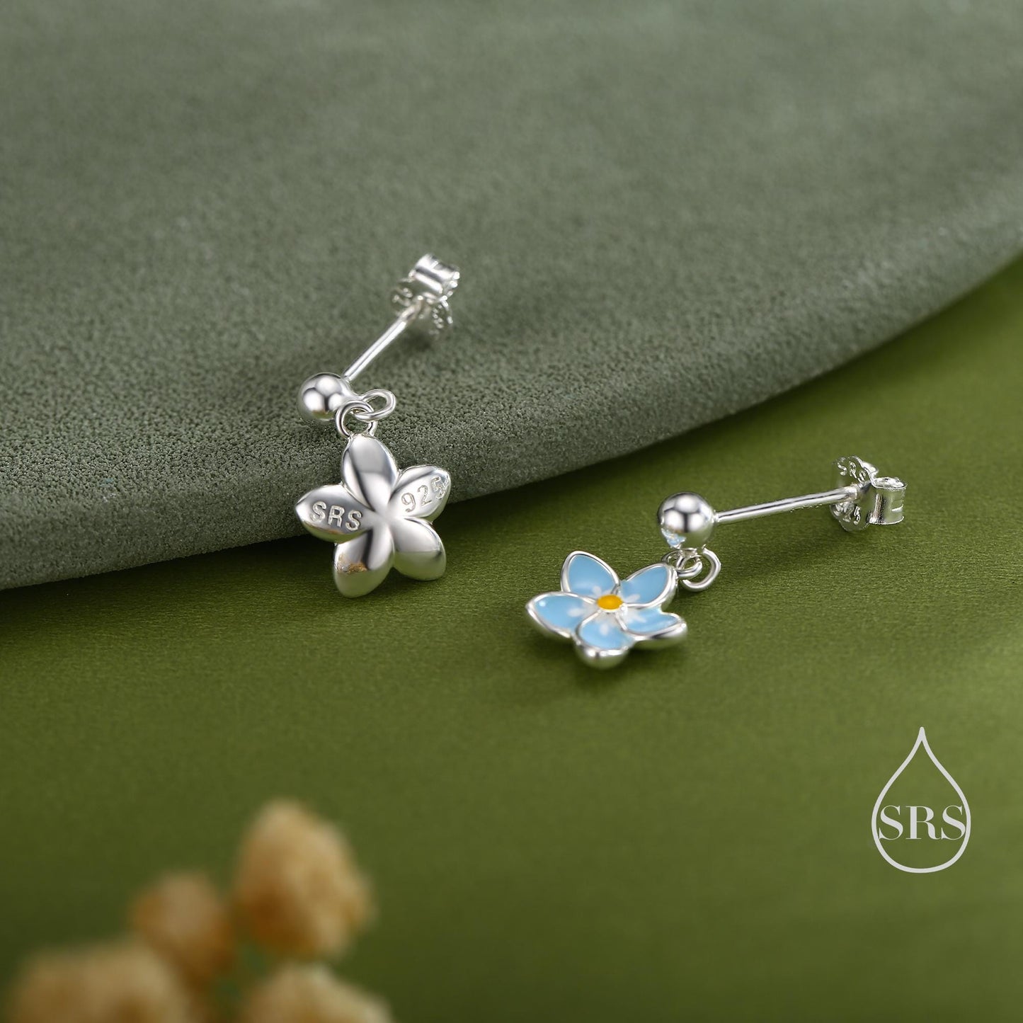 Dainty Forget-me-not Enamel Drop Stud Earrings in Sterling Silver, Flower Earrings, Blue Blossom Earrings, Forget me not earrings
