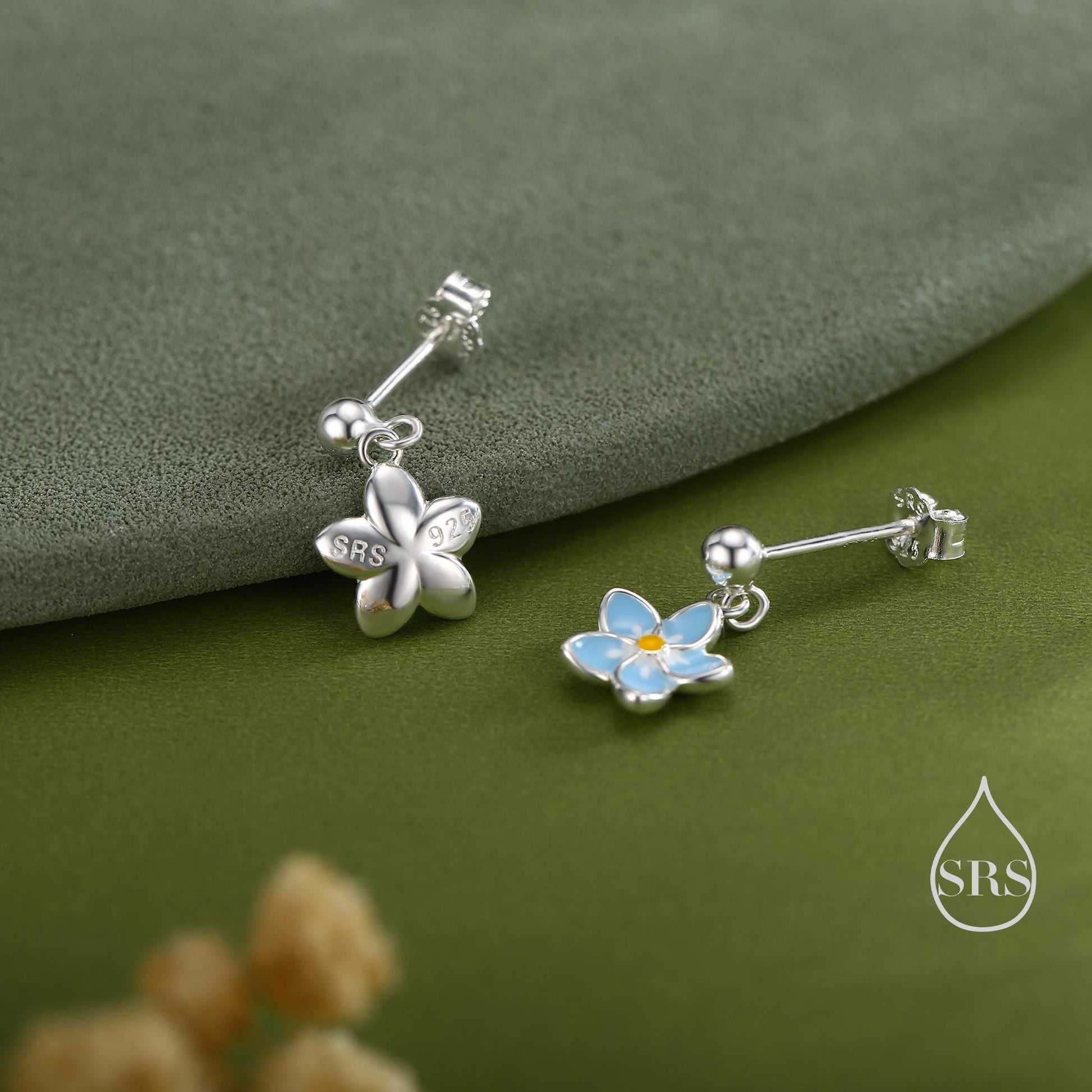 Dainty Forget-me-not Enamel Drop Stud Earrings in Sterling Silver, Flower Earrings, Blue Blossom Earrings, Forget me not earrings