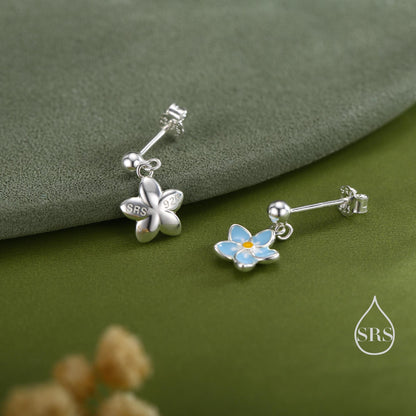 Dainty Forget-me-not Enamel Drop Stud Earrings in Sterling Silver, Flower Earrings, Blue Blossom Earrings, Forget me not earrings