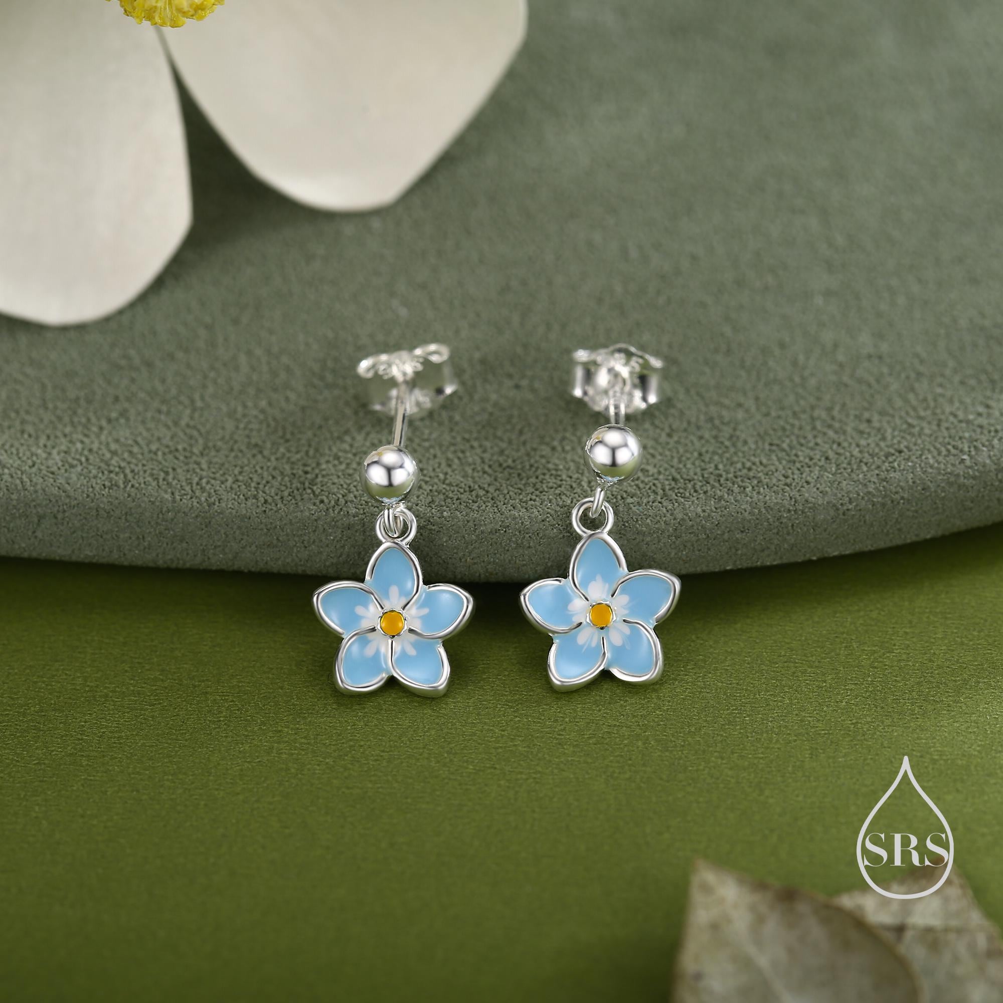 Dainty Forget-me-not Enamel Drop Stud Earrings in Sterling Silver, Flo ...