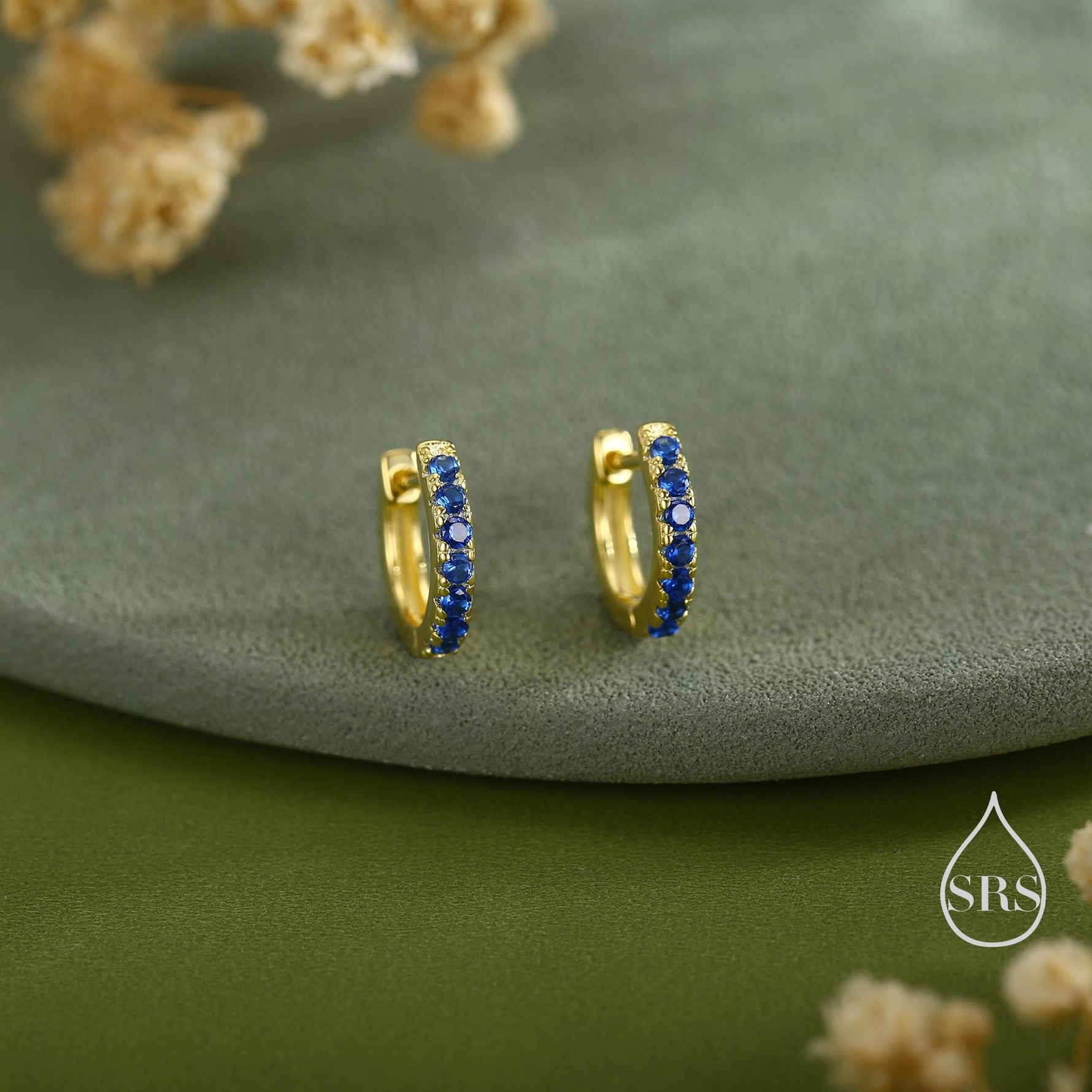 Sapphire Blue CZ Huggie Hoops in Sterling Silver, Silver or Gold, Minimalist Hoop Earrings, 8mm Hoops, Blue Hoops, September Birthstone