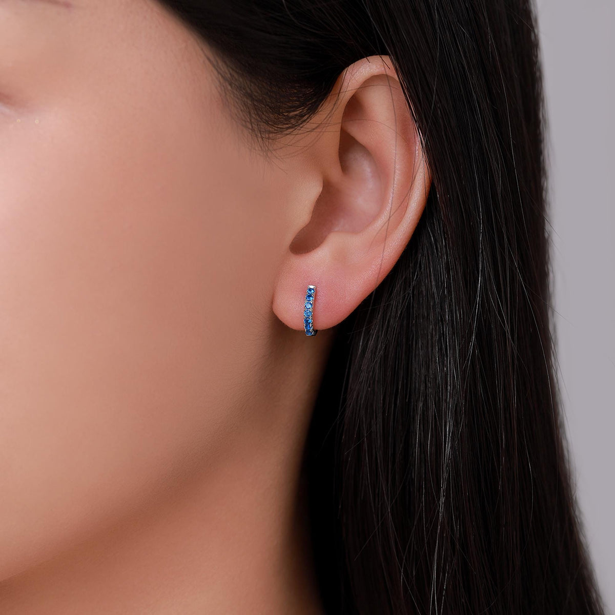 Sapphire Blue CZ Huggie Hoops in Sterling Silver, Silver or Gold, Minimalist Hoop Earrings, 8mm Hoops, Blue Hoops, September Birthstone