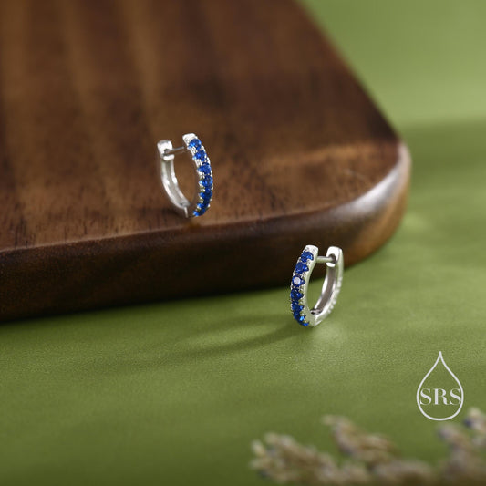 Sapphire Blue CZ Huggie Hoops in Sterling Silver, Silver or Gold, Minimalist Hoop Earrings, 8mm Hoops, Blue Hoops, September Birthstone