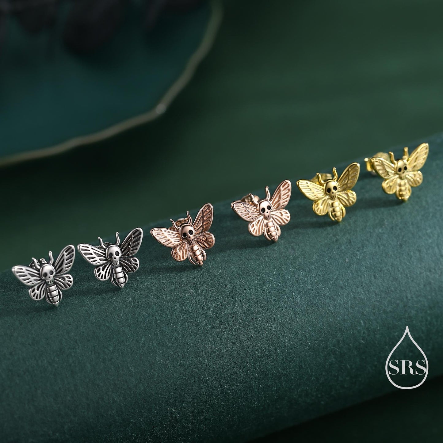 Death's-head Hawkmoth Moth Stud Earrings in Sterling Silver, Silver Gold or Rose Gold, Insect Earrings, Nature Inspired Animal Earrings