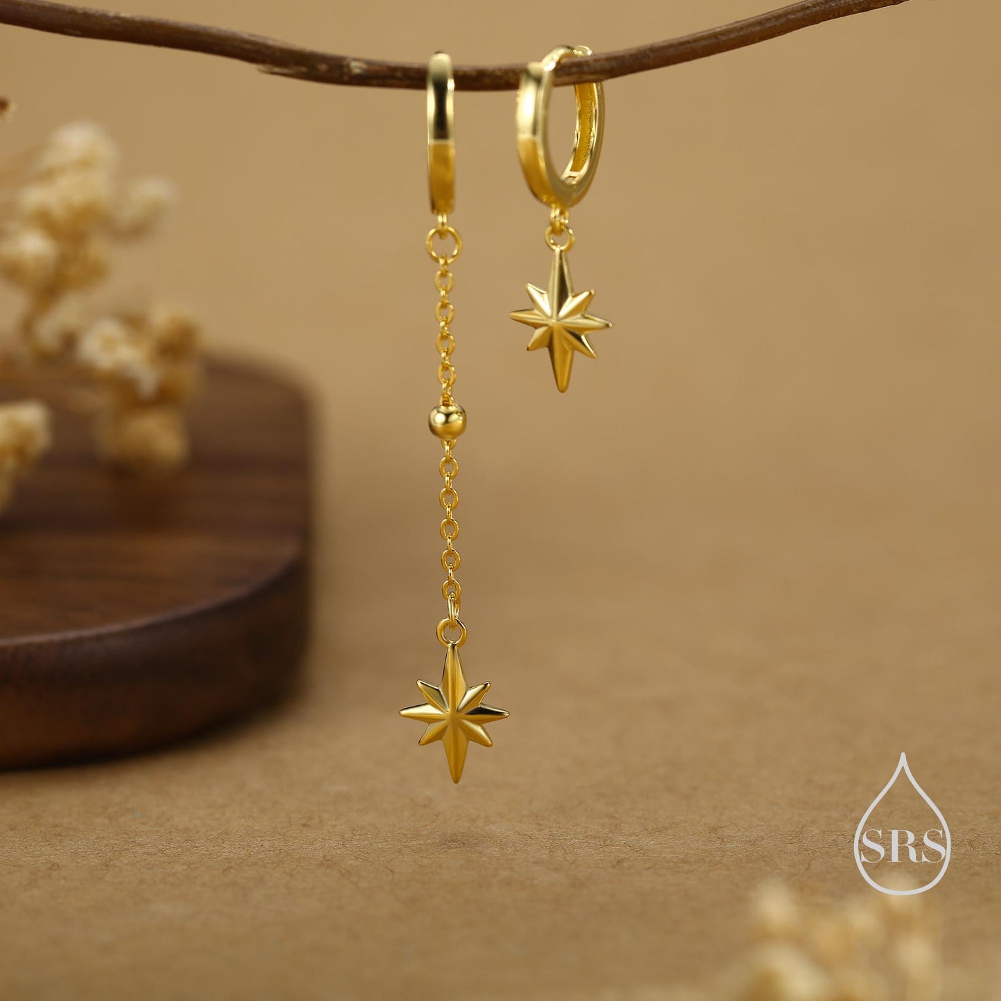 Asymmetric Starburst Huggie Hoop Earrings in Sterling Silver, Gold or Rose Gold, North Star Charm Earrings, Sunburst Earrings, Celestial