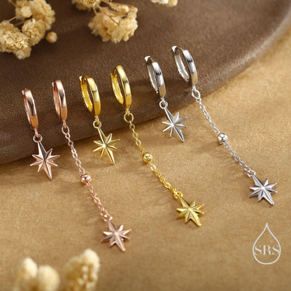 Asymmetric Starburst Huggie Hoop Earrings in Sterling Silver, Gold or Rose Gold, North Star Charm Earrings, Sunburst Earrings, Celestial