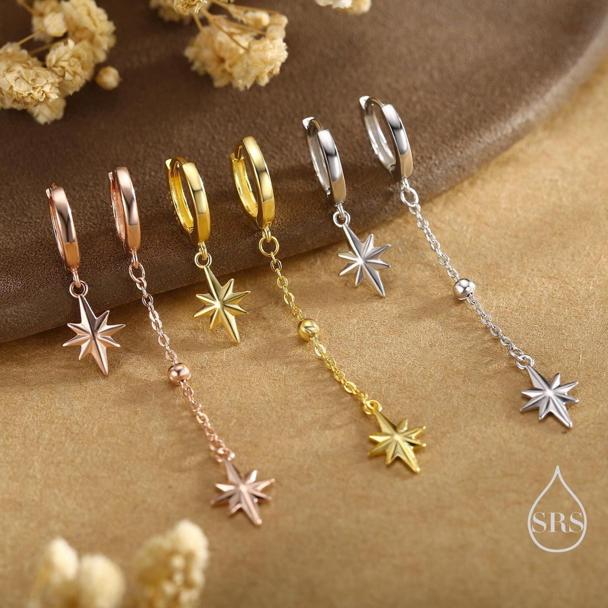 Asymmetric Starburst Huggie Hoop Earrings in Sterling Silver, Gold or Rose Gold, North Star Charm Earrings, Sunburst Earrings, Celestial