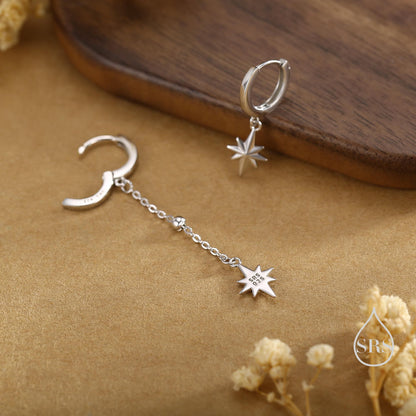 Asymmetric Starburst Huggie Hoop Earrings in Sterling Silver, Gold or Rose Gold, North Star Charm Earrings, Sunburst Earrings, Celestial