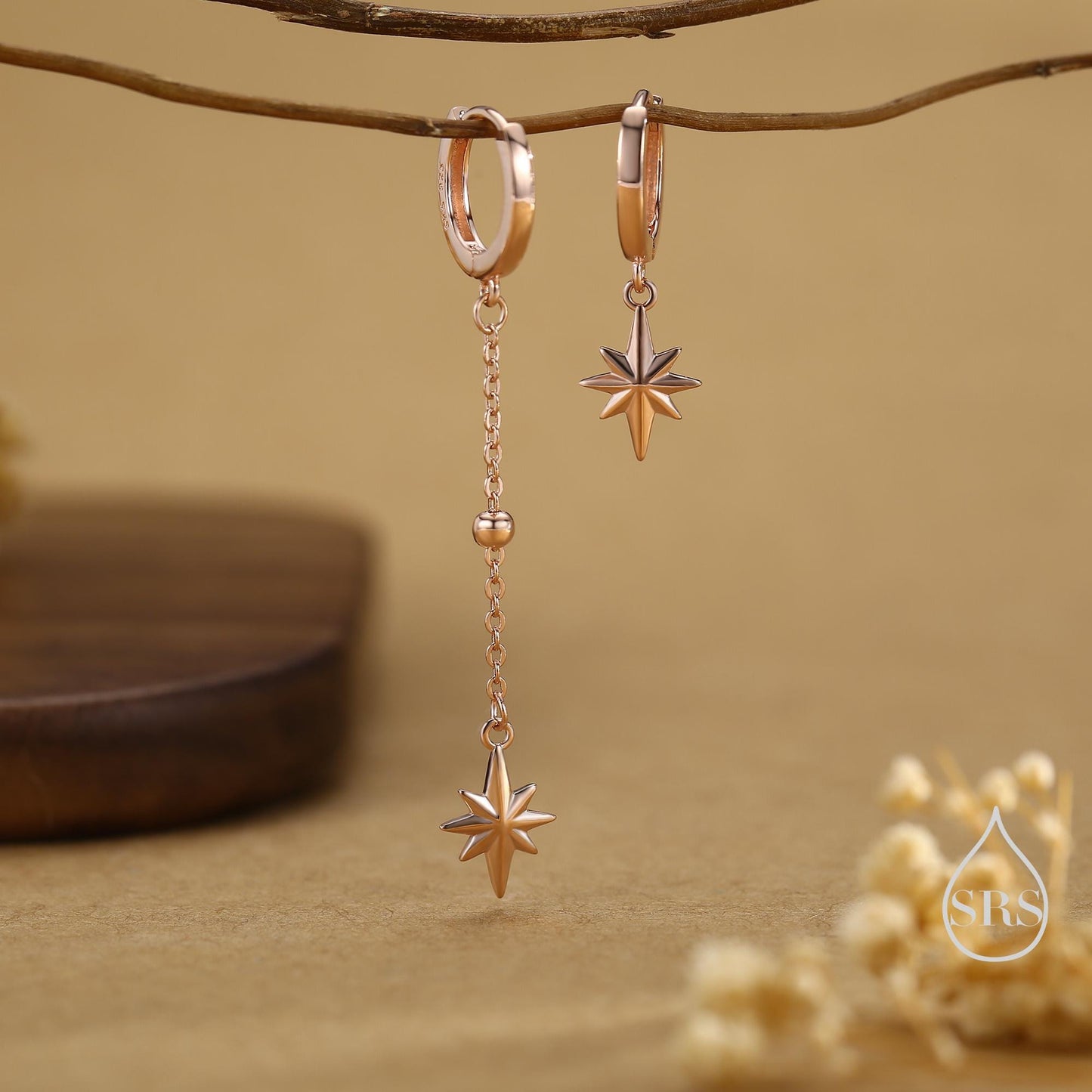 Asymmetric Starburst Huggie Hoop Earrings in Sterling Silver, Gold or Rose Gold, North Star Charm Earrings, Sunburst Earrings, Celestial