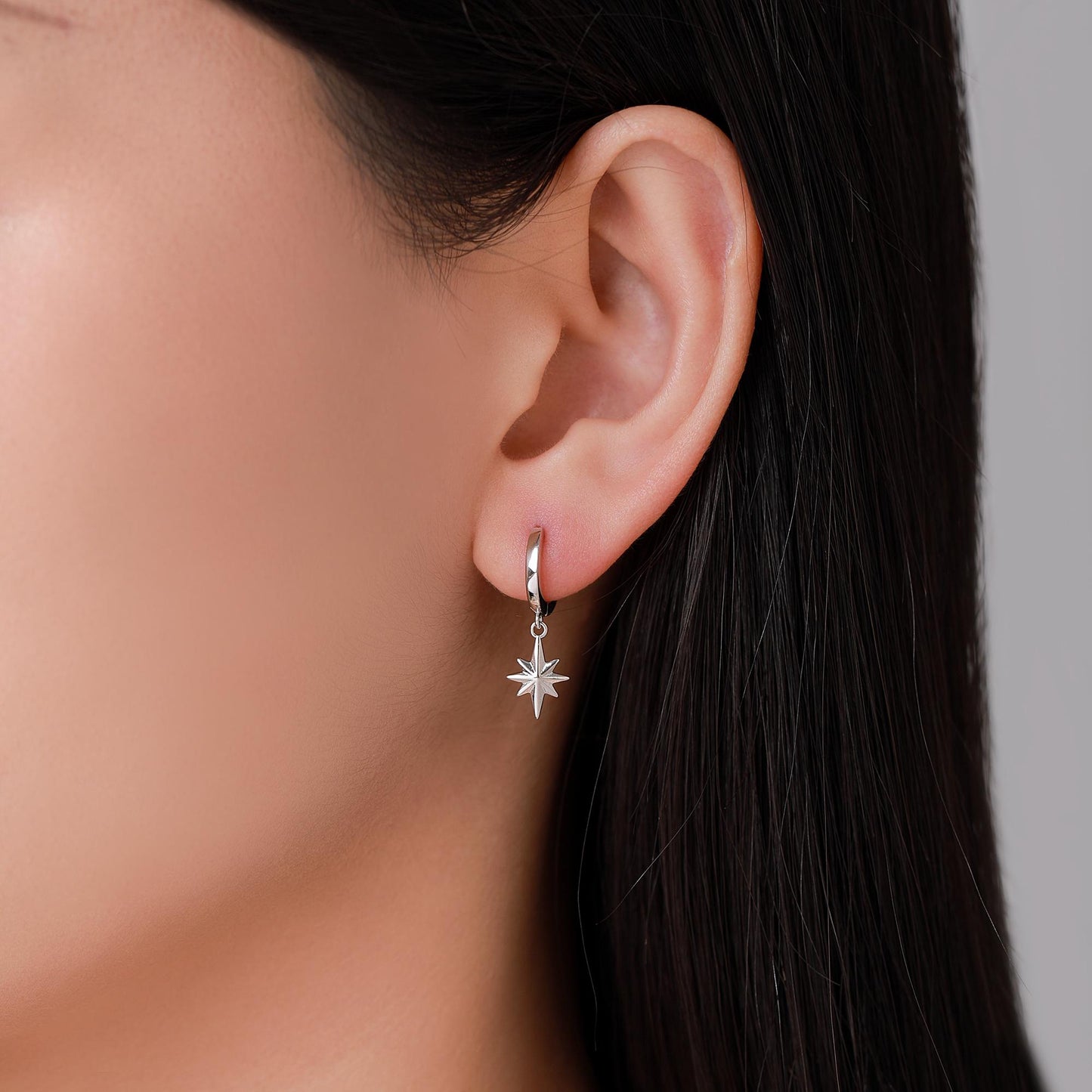 Asymmetric Starburst Huggie Hoop Earrings in Sterling Silver, Gold or Rose Gold, North Star Charm Earrings, Sunburst Earrings, Celestial