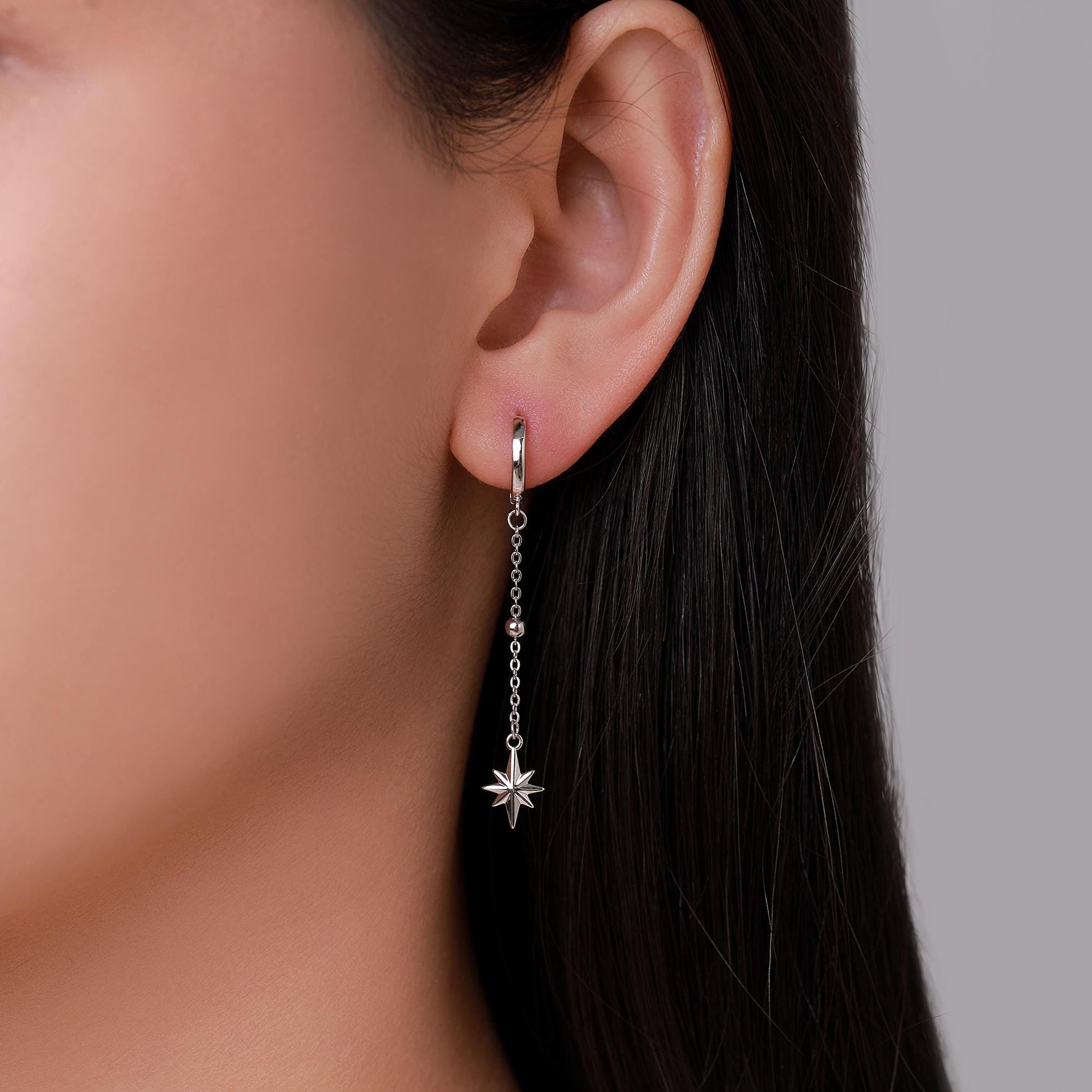 Asymmetric Starburst Huggie Hoop Earrings in Sterling Silver, Gold or Rose Gold, North Star Charm Earrings, Sunburst Earrings, Celestial