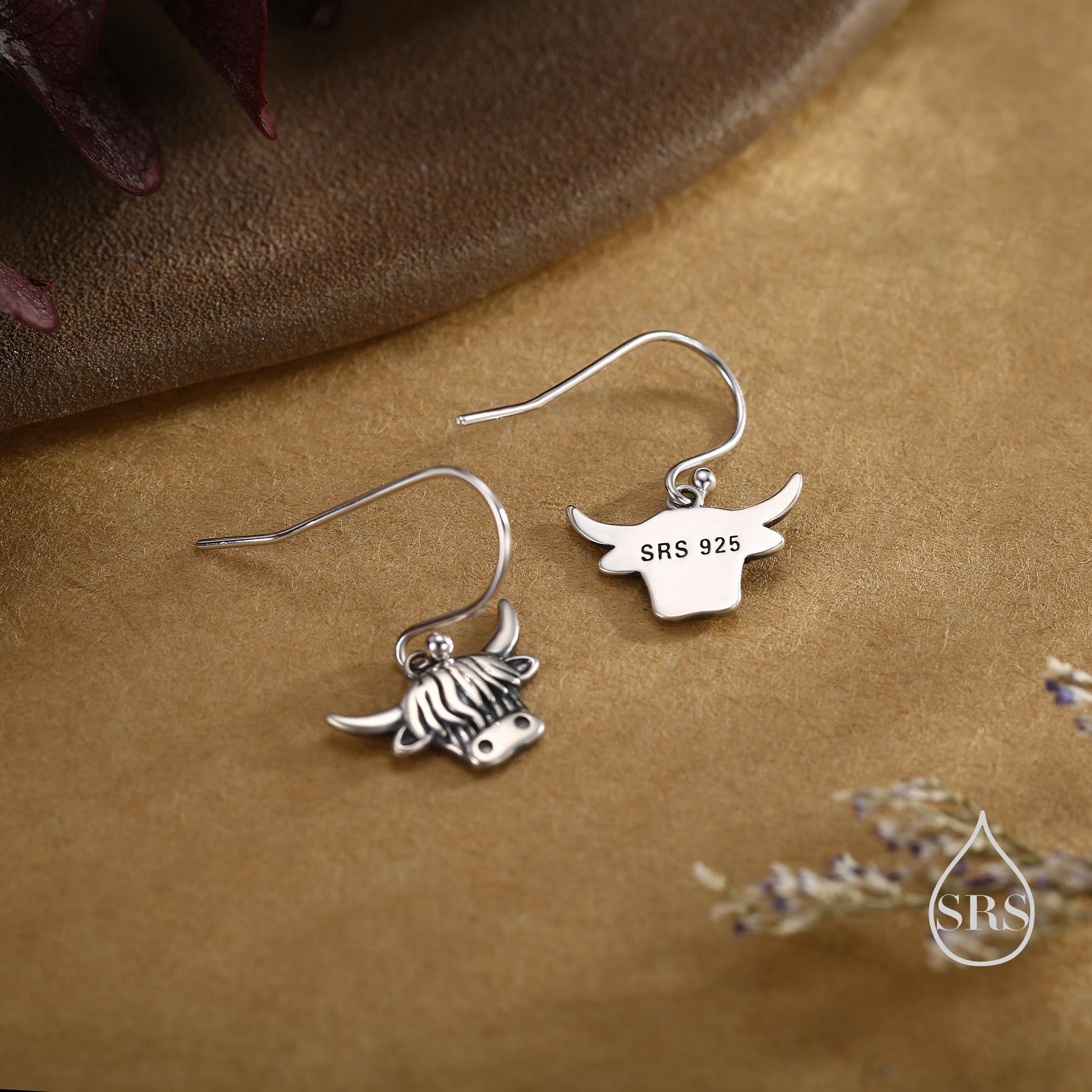 Highland Cow Drop Dangling Earrings in Sterling Silver, Oxidised Silver or Gold or Rose Gold, Highland Cow Hook Earrings, Scottish Jewellery