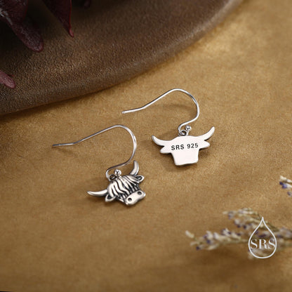 Highland Cow Drop Dangling Earrings in Sterling Silver, Oxidised Silver or Gold or Rose Gold, Highland Cow Hook Earrings, Scottish Jewellery