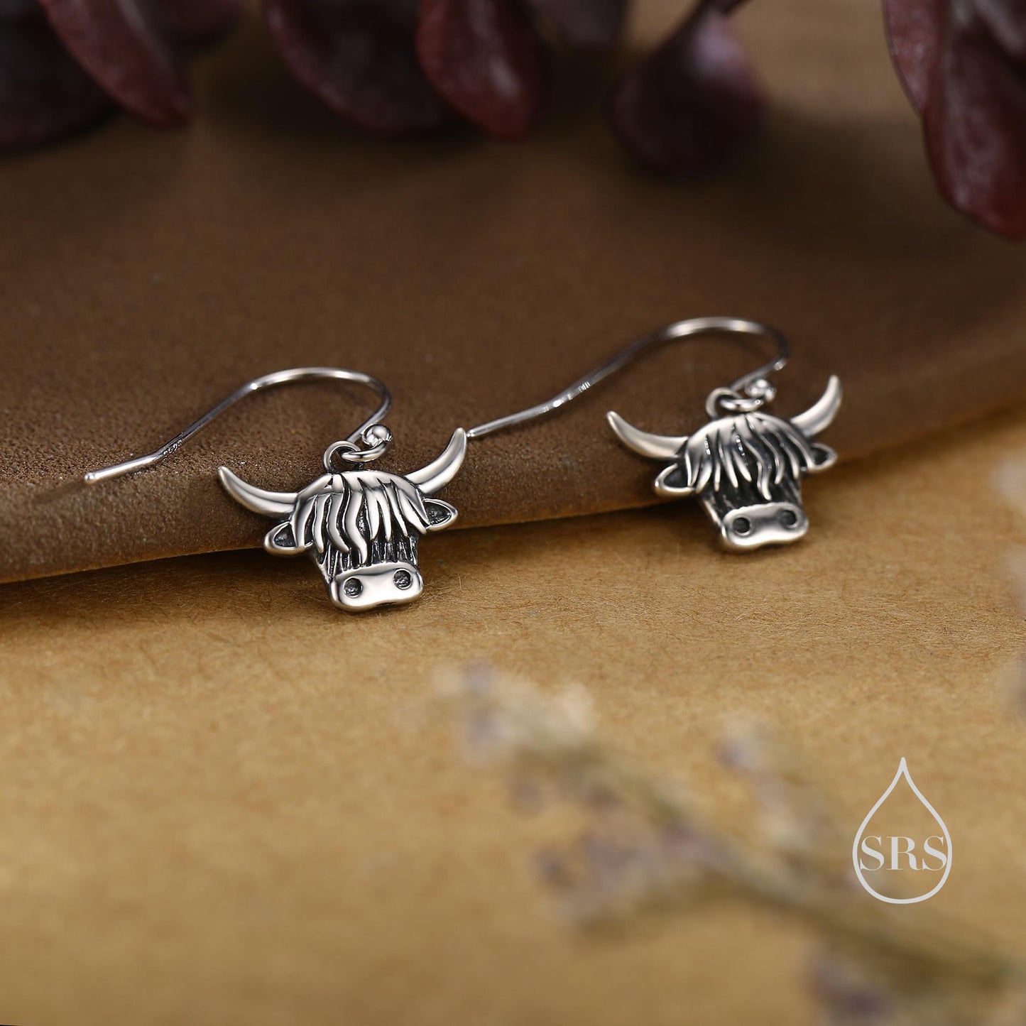 Highland Cow Drop Dangling Earrings in Sterling Silver, Oxidised Silver or Gold or Rose Gold, Highland Cow Hook Earrings, Scottish Jewellery