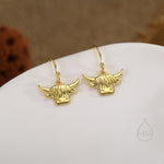 Highland Cow Drop Dangling Earrings in Sterling Silver, Oxidised Silver or Gold or Rose Gold, Highland Cow Hook Earrings, Scottish Jewellery