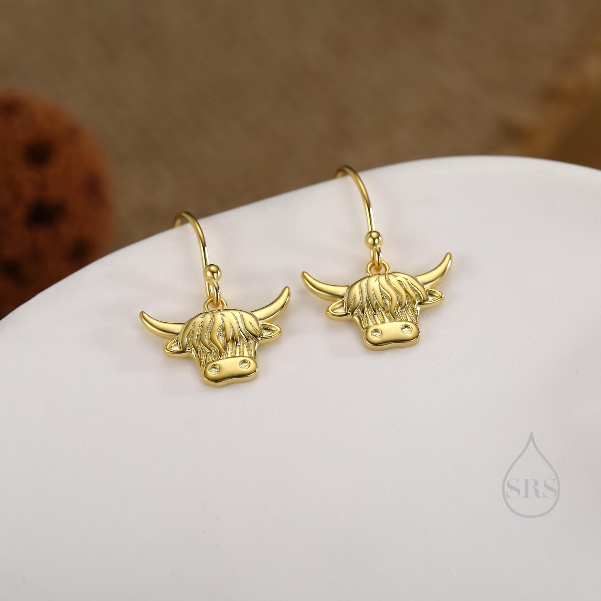 Highland Cow Drop Dangling Earrings in Sterling Silver, Oxidised Silver or Gold or Rose Gold, Highland Cow Hook Earrings, Scottish Jewellery