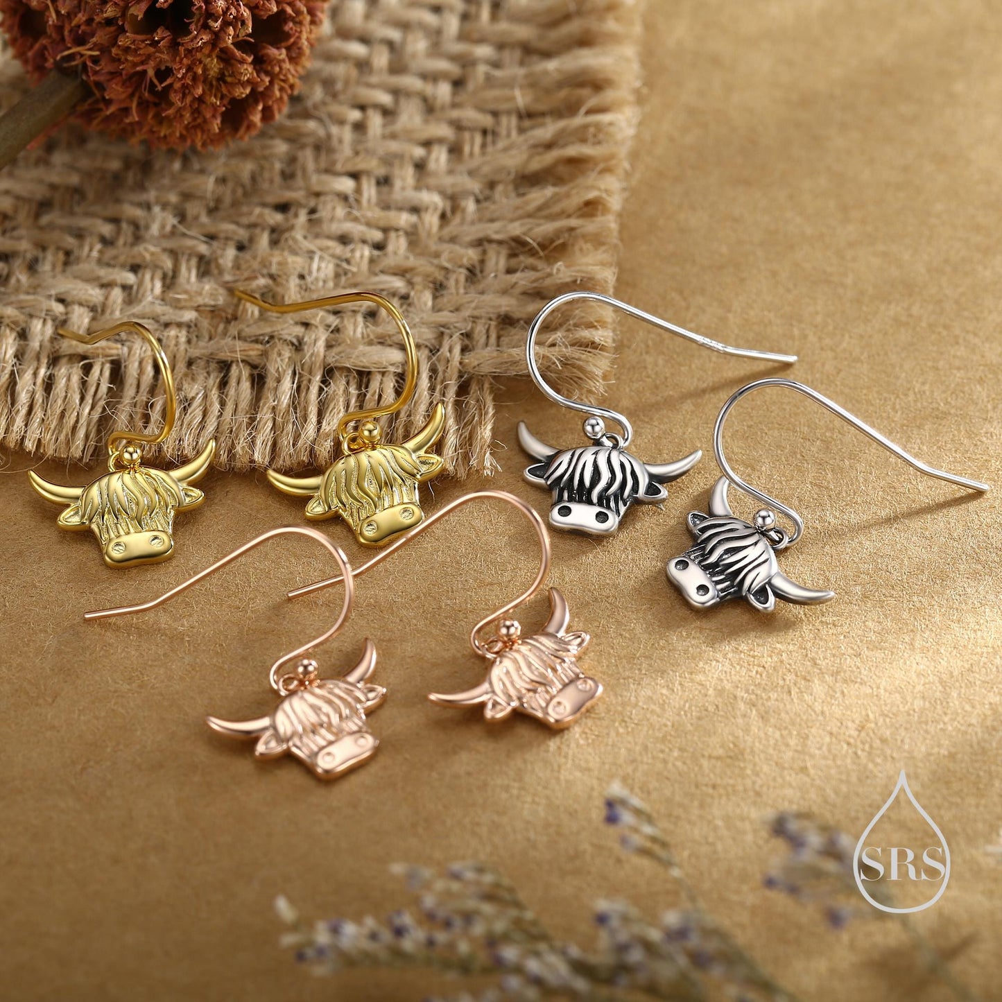 Highland Cow Drop Dangling Earrings in Sterling Silver, Oxidised Silver or Gold or Rose Gold, Highland Cow Hook Earrings, Scottish Jewellery
