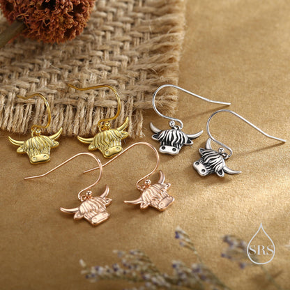 Highland Cow Drop Dangling Earrings in Sterling Silver, Oxidised Silver or Gold or Rose Gold, Highland Cow Hook Earrings, Scottish Jewellery