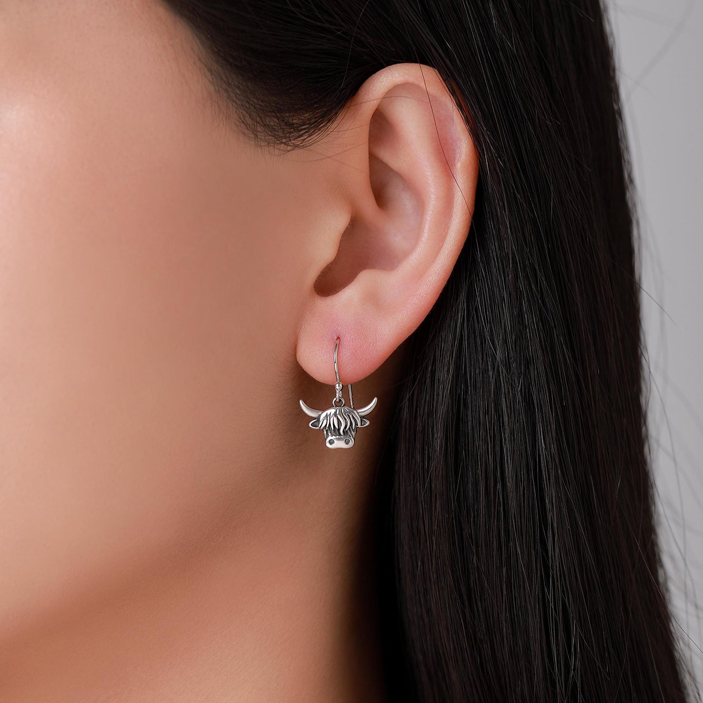 Highland Cow Drop Dangling Earrings in Sterling Silver, Oxidised Silver or Gold or Rose Gold, Highland Cow Hook Earrings, Scottish Jewellery